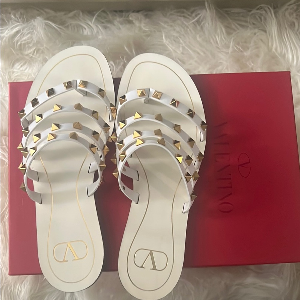 Valentino White and Gold Studded Slide Sandals